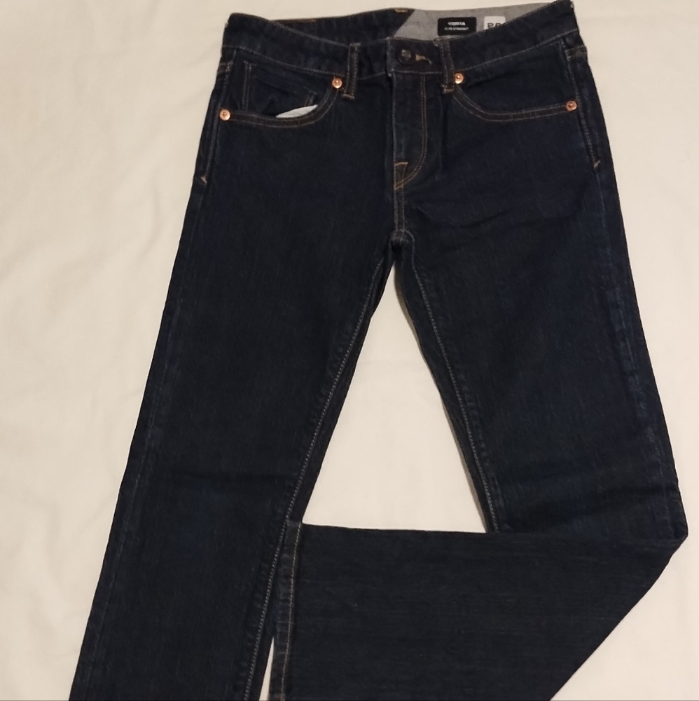 EUC Volcom Jeans Kids Size 26 Pants Vorta Slim Straight Dark Blue Wash Mid Rise